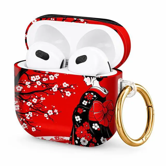 Main image of Hard Case Compatible with AirPod 4 2024, Shockproof Protective Cover for Airpod 4th Generation with Gold Ring Keychain, Cute Aesthetic Design for Women(Red Cherry Blossom Kimono)