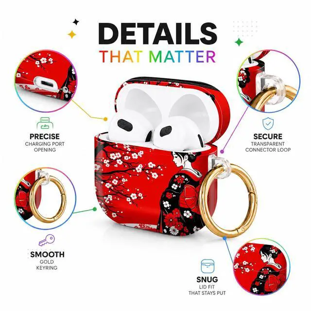 Alt view image 4 of 6 - Hard Case Compatible with AirPod 4 2024, Shockproof Protective Cover for Airpod 4th Generation with Gold Ring Keychain, Cute Aesthetic Design for Women(Red Cherry Blossom Kimono)