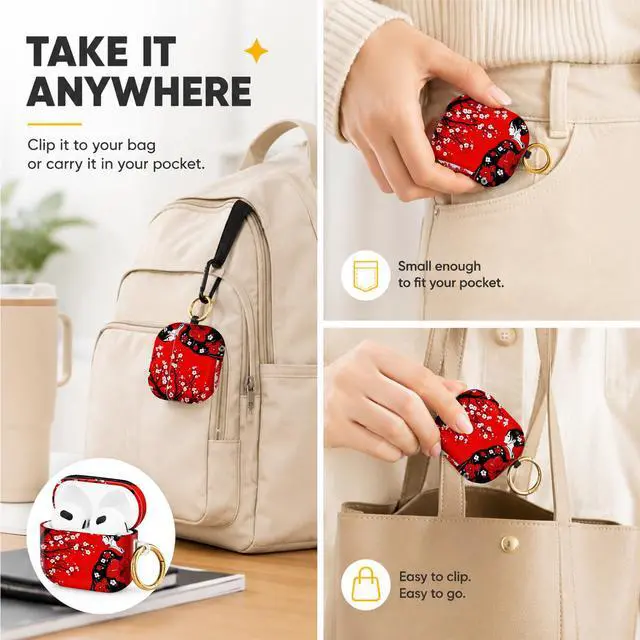 Alt view image 5 of 6 - Hard Case Compatible with AirPod 4 2024, Shockproof Protective Cover for Airpod 4th Generation with Gold Ring Keychain, Cute Aesthetic Design for Women(Red Cherry Blossom Kimono)