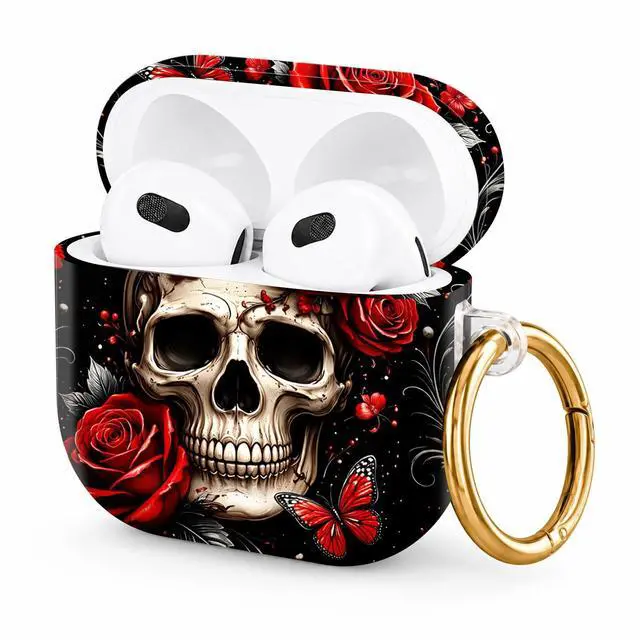 Main image of Hard Case Compatible with AirPod 4 2024, Shockproof Protective Cover for Airpod 4th Generation with Gold Ring Keychain, Cute Aesthetic Design for Women(Skull Rose Butterfly Floral Black Red)