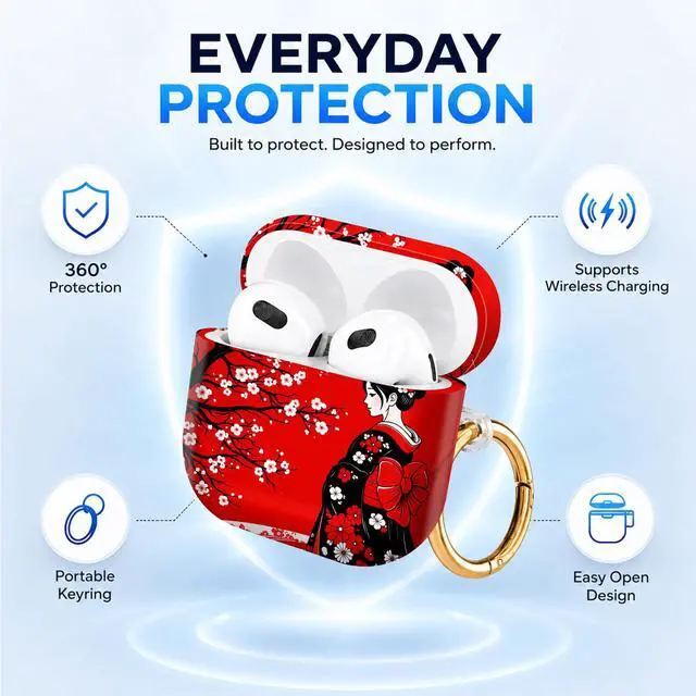Alt view image 6 of 6 - Hard Case Compatible with AirPod 4 2024, Shockproof Protective Cover for Airpod 4th Generation with Gold Ring Keychain, Cute Aesthetic Design for Women(Red Cherry Blossom Kimono)