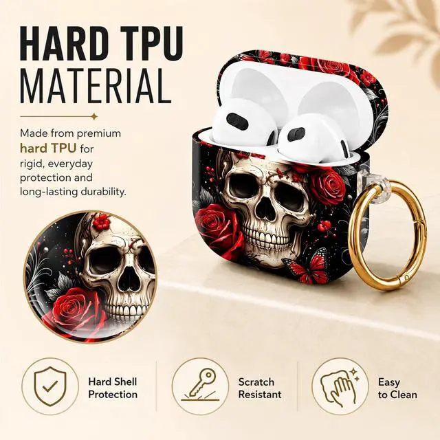 Alt view image 2 of 6 - Hard Case Compatible with AirPod 4 2024, Shockproof Protective Cover for Airpod 4th Generation with Gold Ring Keychain, Cute Aesthetic Design for Women(Skull Rose Butterfly Floral Black Red)