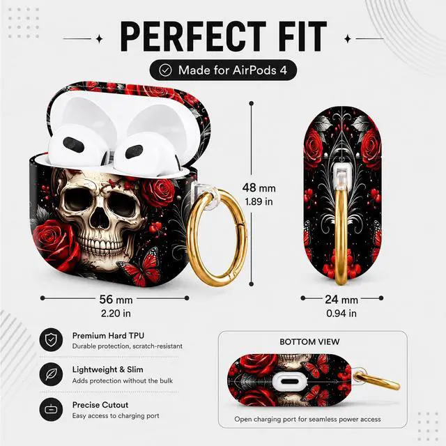 Alt view image 3 of 6 - Hard Case Compatible with AirPod 4 2024, Shockproof Protective Cover for Airpod 4th Generation with Gold Ring Keychain, Cute Aesthetic Design for Women(Skull Rose Butterfly Floral Black Red)