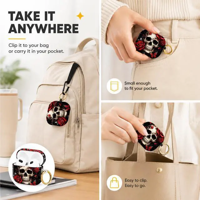 Alt view image 5 of 6 - Hard Case Compatible with AirPod 4 2024, Shockproof Protective Cover for Airpod 4th Generation with Gold Ring Keychain, Cute Aesthetic Design for Women(Skull Rose Butterfly Floral Black Red)
