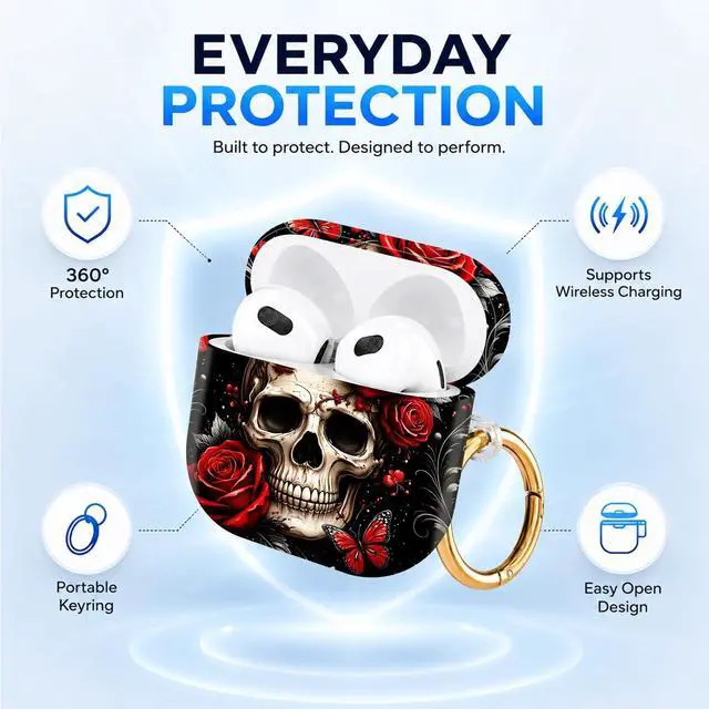 Alt view image 6 of 6 - Hard Case Compatible with AirPod 4 2024, Shockproof Protective Cover for Airpod 4th Generation with Gold Ring Keychain, Cute Aesthetic Design for Women(Skull Rose Butterfly Floral Black Red)