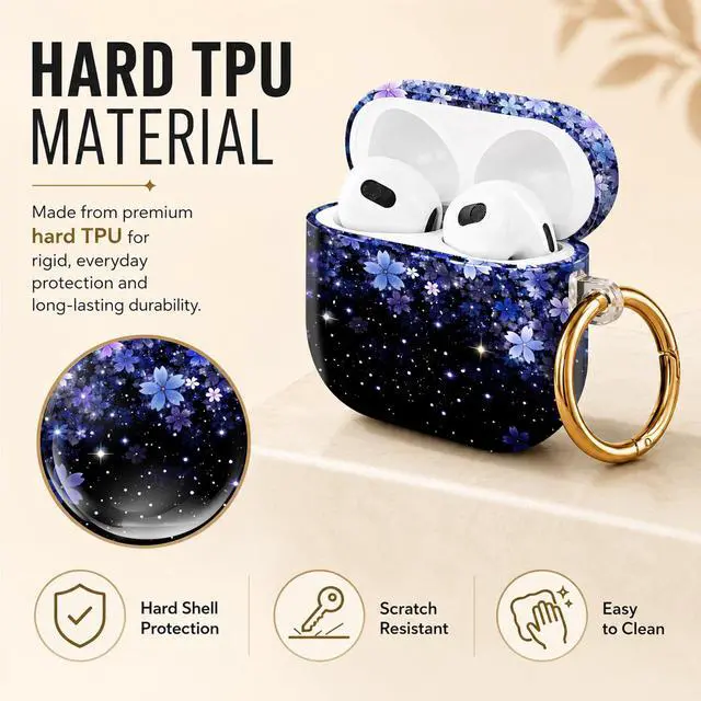 Alt view image 2 of 6 - Hard Case Compatible with AirPod 4 2024, Shockproof Protective Cover for Airpod 4th Generation with Gold Ring Keychain, Cute Aesthetic Design for Women(Cherry Blossom Starry Night Flower)