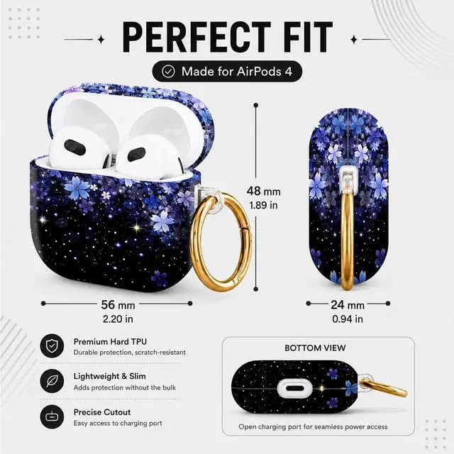 Alt view image 3 of 6 - Hard Case Compatible with AirPod 4 2024, Shockproof Protective Cover for Airpod 4th Generation with Gold Ring Keychain, Cute Aesthetic Design for Women(Cherry Blossom Starry Night Flower)