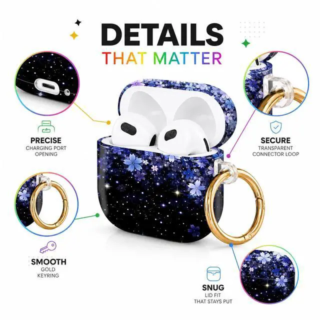 Alt view image 4 of 6 - Hard Case Compatible with AirPod 4 2024, Shockproof Protective Cover for Airpod 4th Generation with Gold Ring Keychain, Cute Aesthetic Design for Women(Cherry Blossom Starry Night Flower)