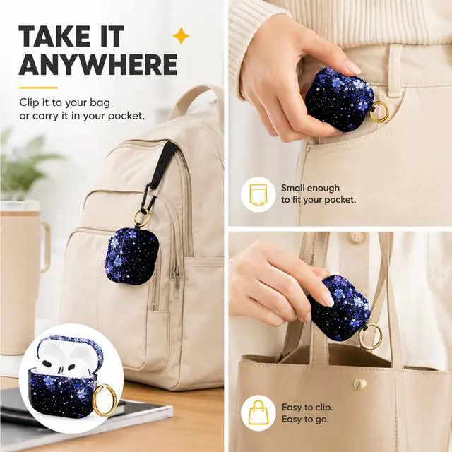 Alt view image 5 of 6 - Hard Case Compatible with AirPod 4 2024, Shockproof Protective Cover for Airpod 4th Generation with Gold Ring Keychain, Cute Aesthetic Design for Women(Cherry Blossom Starry Night Flower)