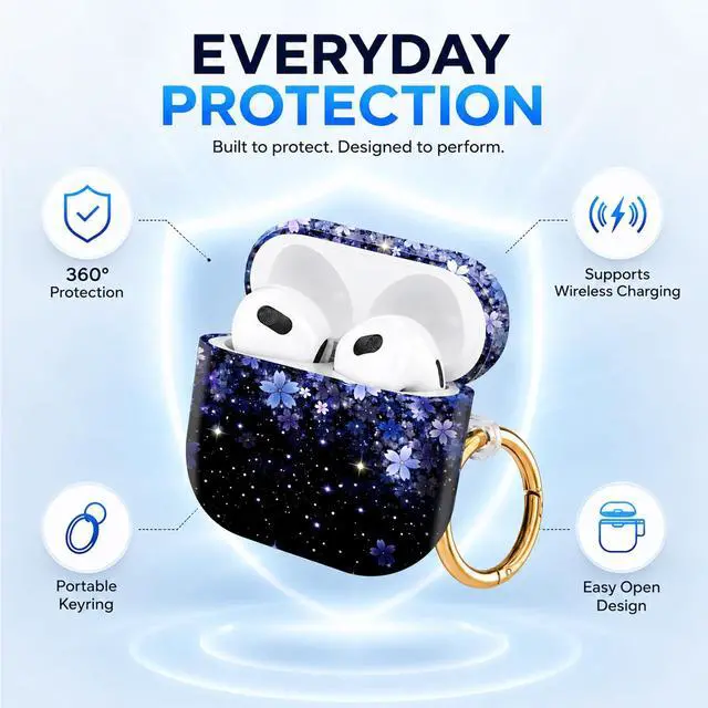 Alt view image 6 of 6 - Hard Case Compatible with AirPod 4 2024, Shockproof Protective Cover for Airpod 4th Generation with Gold Ring Keychain, Cute Aesthetic Design for Women(Cherry Blossom Starry Night Flower)