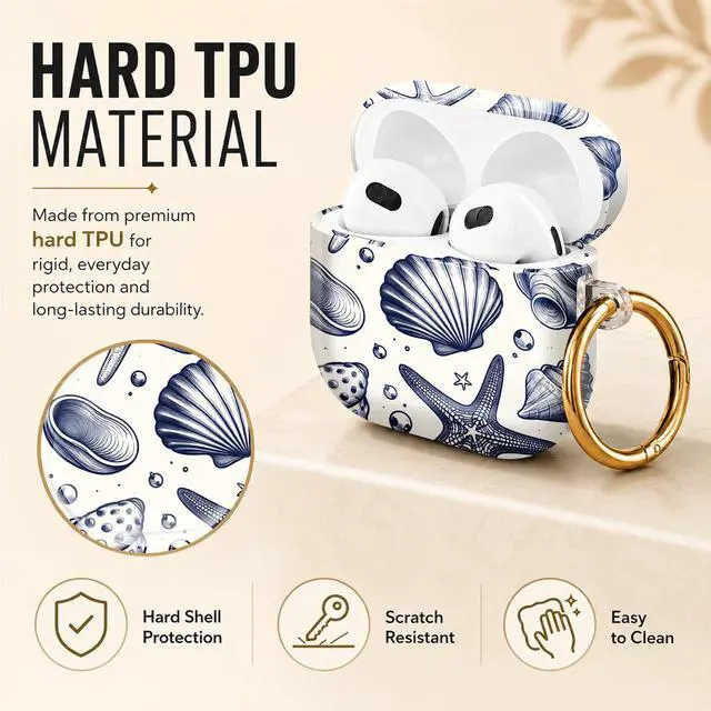 Alt view image 2 of 6 - Hard Case Compatible with AirPod 4 2024, Shockproof Protective Cover for Airpod 4th Generation with Gold Ring Keychain, Cute Aesthetic Design for Women(Sea Shells Starfish Pearls)