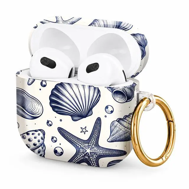 Main image of Hard Case Compatible with AirPod 4 2024, Shockproof Protective Cover for Airpod 4th Generation with Gold Ring Keychain, Cute Aesthetic Design for Women(Sea Shells Starfish Pearls)