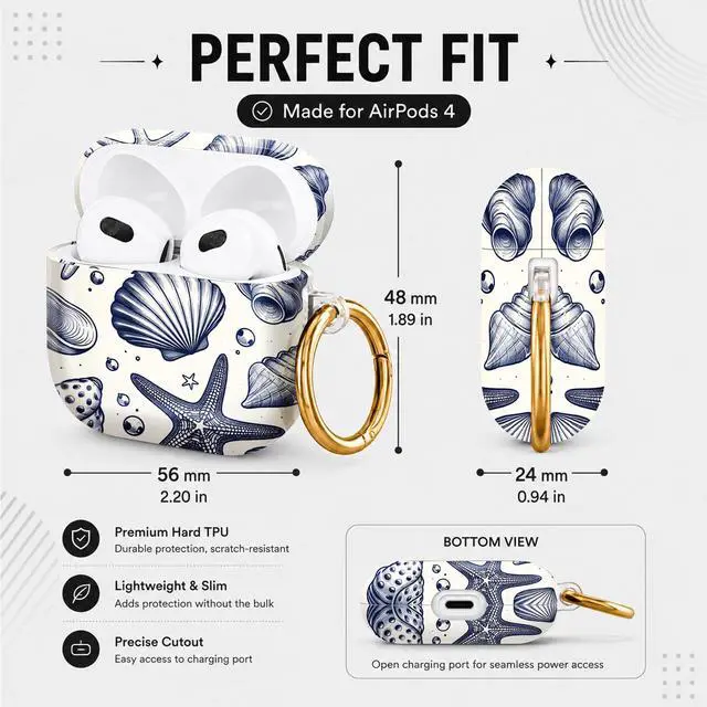 Alt view image 3 of 6 - Hard Case Compatible with AirPod 4 2024, Shockproof Protective Cover for Airpod 4th Generation with Gold Ring Keychain, Cute Aesthetic Design for Women(Sea Shells Starfish Pearls)