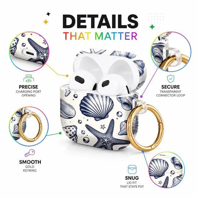 Alt view image 4 of 6 - Hard Case Compatible with AirPod 4 2024, Shockproof Protective Cover for Airpod 4th Generation with Gold Ring Keychain, Cute Aesthetic Design for Women(Sea Shells Starfish Pearls)