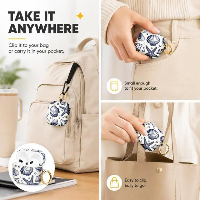 Alt view image 5 of 6 - Hard Case Compatible with AirPod 4 2024, Shockproof Protective Cover for Airpod 4th Generation with Gold Ring Keychain, Cute Aesthetic Design for Women(Sea Shells Starfish Pearls)