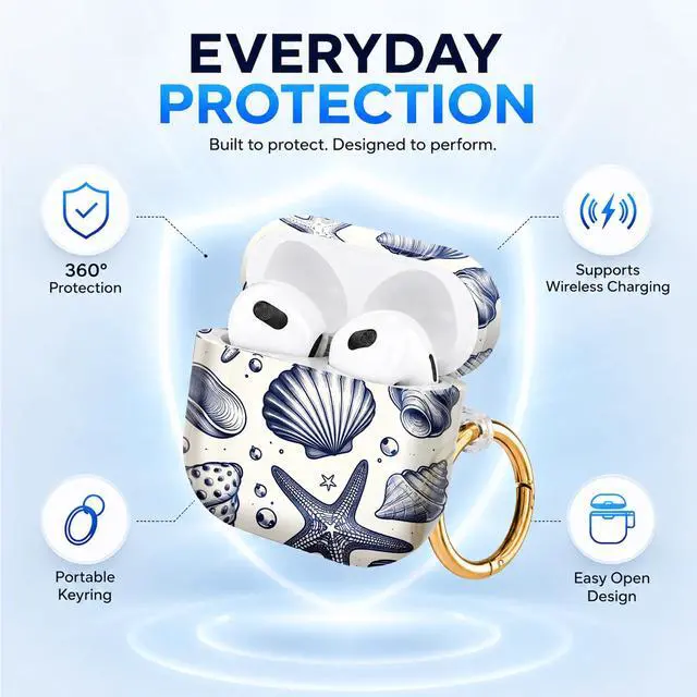 Alt view image 6 of 6 - Hard Case Compatible with AirPod 4 2024, Shockproof Protective Cover for Airpod 4th Generation with Gold Ring Keychain, Cute Aesthetic Design for Women(Sea Shells Starfish Pearls)