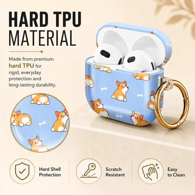 Alt view image 2 of 6 - Hard Case Compatible with AirPod 4 2024, Shockproof Protective Cover for Airpod 4th Generation with Gold Ring Keychain, Cute Aesthetic Design for Women(Corgi Dogs Bones Blue)