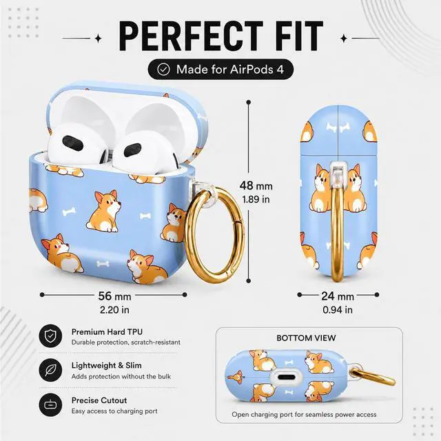 Alt view image 3 of 6 - Hard Case Compatible with AirPod 4 2024, Shockproof Protective Cover for Airpod 4th Generation with Gold Ring Keychain, Cute Aesthetic Design for Women(Corgi Dogs Bones Blue)