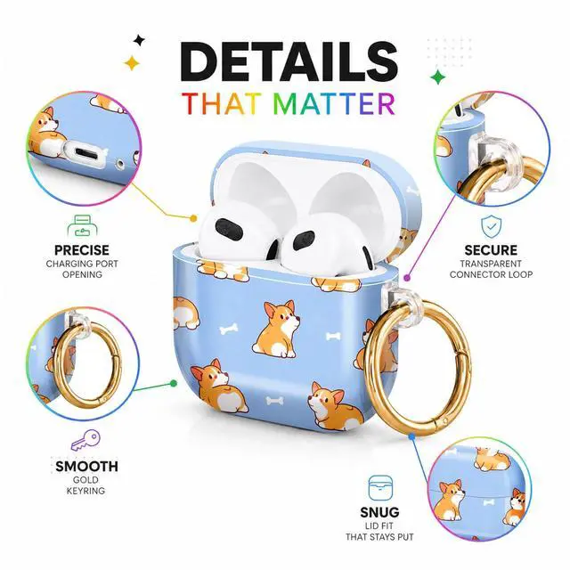 Alt view image 4 of 6 - Hard Case Compatible with AirPod 4 2024, Shockproof Protective Cover for Airpod 4th Generation with Gold Ring Keychain, Cute Aesthetic Design for Women(Corgi Dogs Bones Blue)