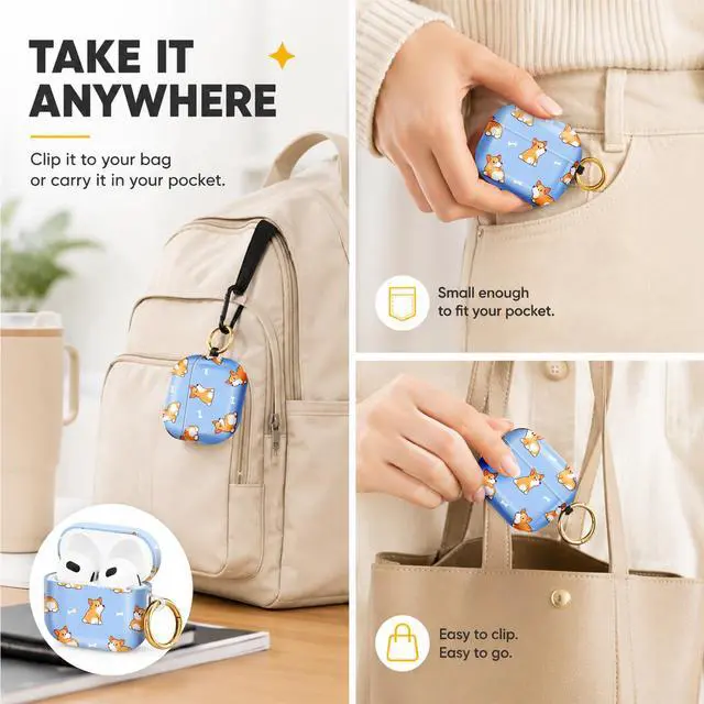 Alt view image 5 of 6 - Hard Case Compatible with AirPod 4 2024, Shockproof Protective Cover for Airpod 4th Generation with Gold Ring Keychain, Cute Aesthetic Design for Women(Corgi Dogs Bones Blue)