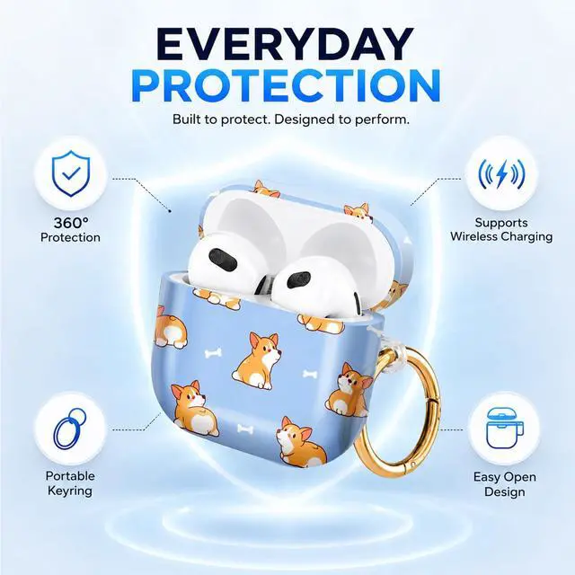 Alt view image 6 of 6 - Hard Case Compatible with AirPod 4 2024, Shockproof Protective Cover for Airpod 4th Generation with Gold Ring Keychain, Cute Aesthetic Design for Women(Corgi Dogs Bones Blue)