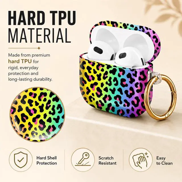 Alt view image 2 of 6 - Hard Case Compatible with AirPod 4 2024, Shockproof Protective Cover for Airpod 4th Generation with Gold Ring Keychain, Cute Aesthetic Design for Women(Colorful Leopard)