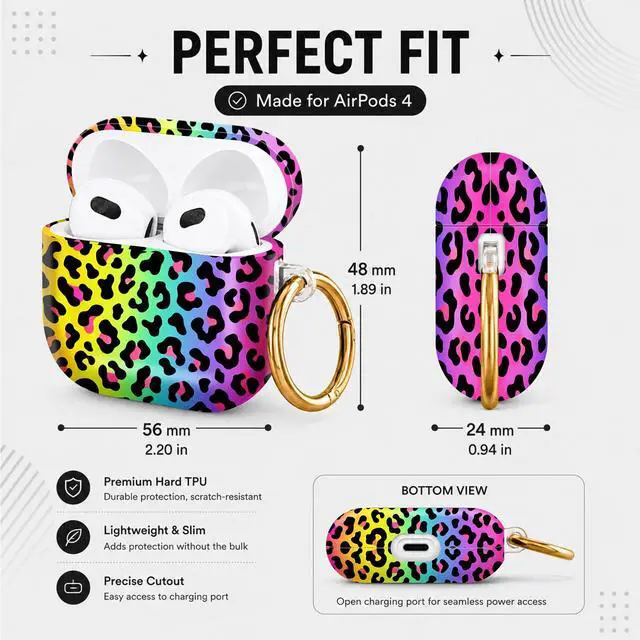 Alt view image 3 of 6 - Hard Case Compatible with AirPod 4 2024, Shockproof Protective Cover for Airpod 4th Generation with Gold Ring Keychain, Cute Aesthetic Design for Women(Colorful Leopard)