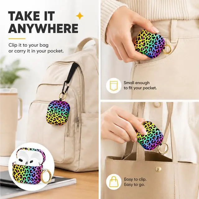Alt view image 5 of 6 - Hard Case Compatible with AirPod 4 2024, Shockproof Protective Cover for Airpod 4th Generation with Gold Ring Keychain, Cute Aesthetic Design for Women(Colorful Leopard)