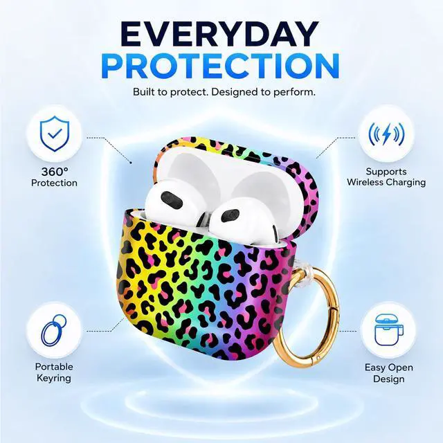 Alt view image 6 of 6 - Hard Case Compatible with AirPod 4 2024, Shockproof Protective Cover for Airpod 4th Generation with Gold Ring Keychain, Cute Aesthetic Design for Women(Colorful Leopard)