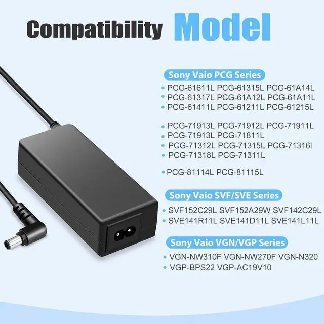 Alt view image 2 of 6 - 90W Laptop Charger Replacement for Sony Vaio PCG Series PCG-71913L PCG-71912L PCG-71315L PCG-71312L PCG-61315L PCG-61611L PCG-61A14L PCG-61317L PCG-81114L PCG-81115L AC Adapter Power Supply Cord