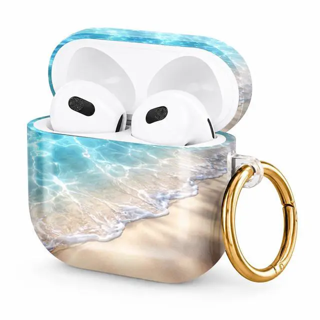 Main image of Hard Case Compatible with AirPod 4 2024, Shockproof Protective Cover for Airpod 4th Generation with Gold Ring Keychain, Cute Aesthetic Design for Women(Crystal Waves Sand Beach)