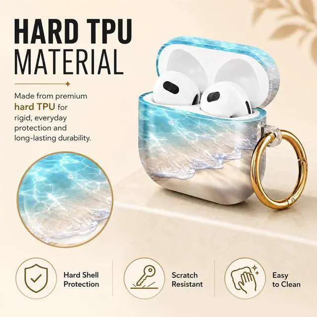 Alt view image 2 of 6 - Hard Case Compatible with AirPod 4 2024, Shockproof Protective Cover for Airpod 4th Generation with Gold Ring Keychain, Cute Aesthetic Design for Women(Crystal Waves Sand Beach)