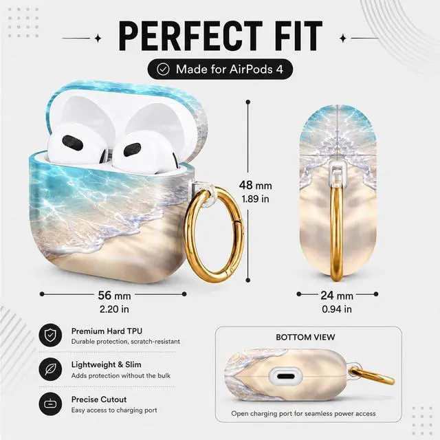 Alt view image 3 of 6 - Hard Case Compatible with AirPod 4 2024, Shockproof Protective Cover for Airpod 4th Generation with Gold Ring Keychain, Cute Aesthetic Design for Women(Crystal Waves Sand Beach)