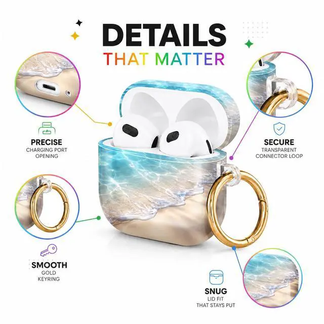Alt view image 4 of 6 - Hard Case Compatible with AirPod 4 2024, Shockproof Protective Cover for Airpod 4th Generation with Gold Ring Keychain, Cute Aesthetic Design for Women(Crystal Waves Sand Beach)