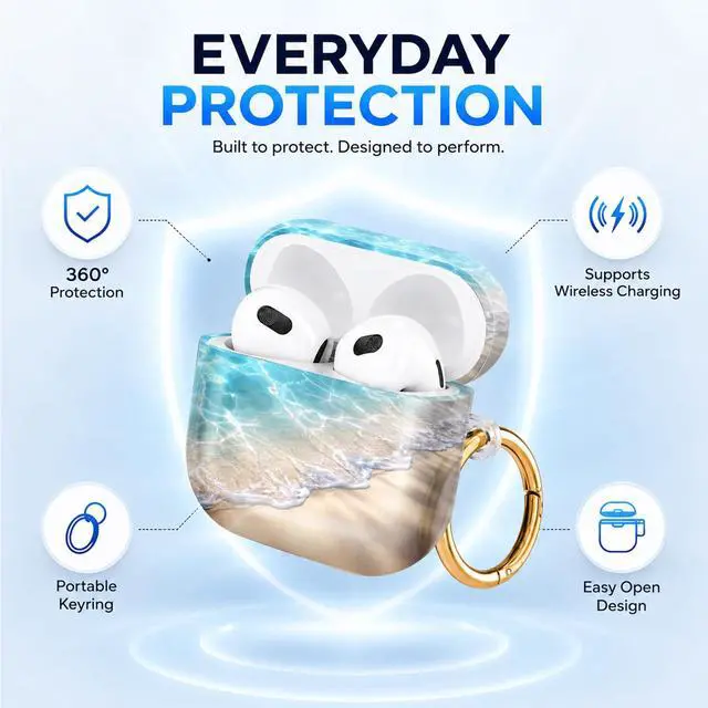 Alt view image 6 of 6 - Hard Case Compatible with AirPod 4 2024, Shockproof Protective Cover for Airpod 4th Generation with Gold Ring Keychain, Cute Aesthetic Design for Women(Crystal Waves Sand Beach)