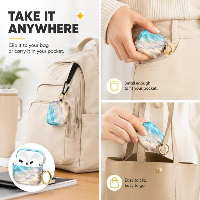 Alt view image 5 of 6 - Hard Case Compatible with AirPod 4 2024, Shockproof Protective Cover for Airpod 4th Generation with Gold Ring Keychain, Cute Aesthetic Design for Women(Crystal Waves Sand Beach)