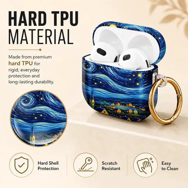 Alt view image 2 of 6 - Hard Case Compatible with AirPod 4 2024, Shockproof Protective Cover for Airpod 4th Generation with Gold Ring Keychain, Cute Aesthetic Design for Women(Starry Night Village Sky)