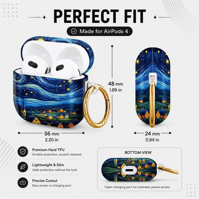 Alt view image 3 of 6 - Hard Case Compatible with AirPod 4 2024, Shockproof Protective Cover for Airpod 4th Generation with Gold Ring Keychain, Cute Aesthetic Design for Women(Starry Night Village Sky)