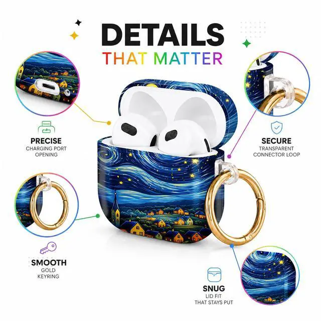 Alt view image 4 of 6 - Hard Case Compatible with AirPod 4 2024, Shockproof Protective Cover for Airpod 4th Generation with Gold Ring Keychain, Cute Aesthetic Design for Women(Starry Night Village Sky)