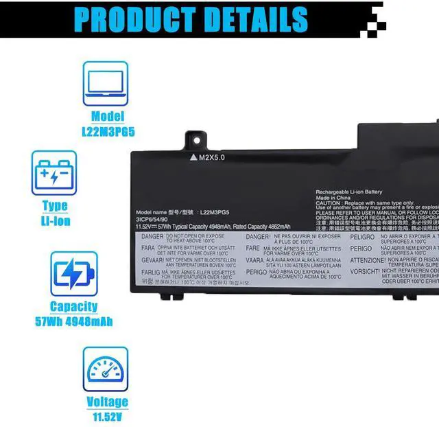 Alt view image 2 of 7 - L22M3PG5 SB11K63030 Laptop Battery Replacement for Lenovo ThinkPad E14 Gen 5 ThinkPad E16 Gen 1 Series L22B3PG5 SB11K63028 L22D3PG5 SB11K63031 L22L3PG5 SB11K63027 57Wh 4948mAh 11.52V 3-Cell