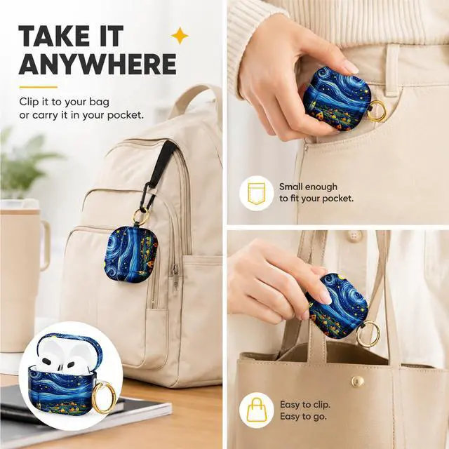 Alt view image 5 of 6 - Hard Case Compatible with AirPod 4 2024, Shockproof Protective Cover for Airpod 4th Generation with Gold Ring Keychain, Cute Aesthetic Design for Women(Starry Night Village Sky)