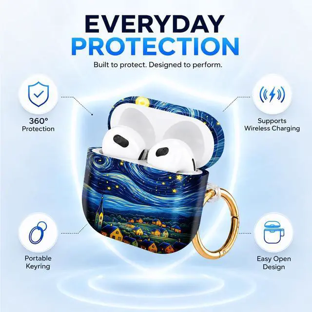 Alt view image 6 of 6 - Hard Case Compatible with AirPod 4 2024, Shockproof Protective Cover for Airpod 4th Generation with Gold Ring Keychain, Cute Aesthetic Design for Women(Starry Night Village Sky)
