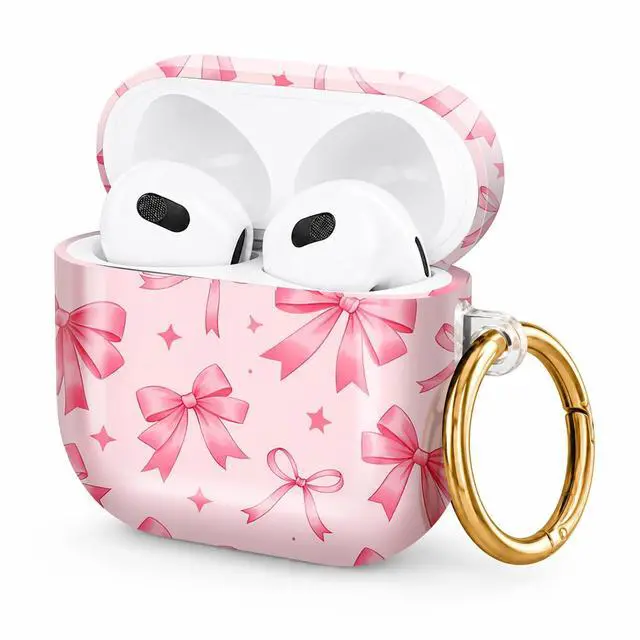 Main image of Hard Case Compatible with AirPod 4 2024, Shockproof Protective Cover for Airpod 4th Generation with Gold Ring Keychain, Cute Aesthetic Design for Women(Pink Ribbons Stars)
