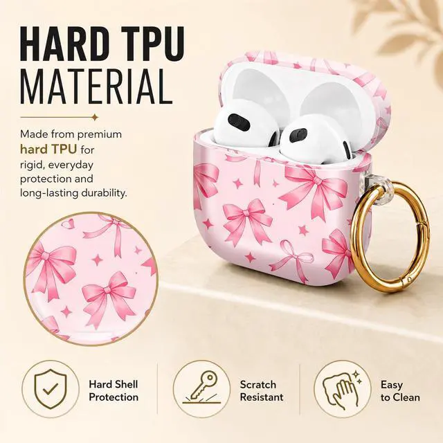 Alt view image 2 of 6 - Hard Case Compatible with AirPod 4 2024, Shockproof Protective Cover for Airpod 4th Generation with Gold Ring Keychain, Cute Aesthetic Design for Women(Pink Ribbons Stars)