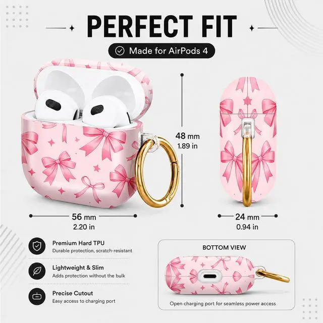 Alt view image 3 of 6 - Hard Case Compatible with AirPod 4 2024, Shockproof Protective Cover for Airpod 4th Generation with Gold Ring Keychain, Cute Aesthetic Design for Women(Pink Ribbons Stars)