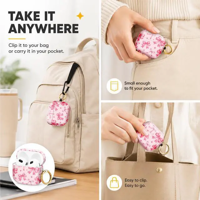 Alt view image 5 of 6 - Hard Case Compatible with AirPod 4 2024, Shockproof Protective Cover for Airpod 4th Generation with Gold Ring Keychain, Cute Aesthetic Design for Women(Pink Ribbons Stars)