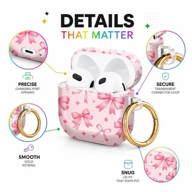 Alt view image 4 of 6 - Hard Case Compatible with AirPod 4 2024, Shockproof Protective Cover for Airpod 4th Generation with Gold Ring Keychain, Cute Aesthetic Design for Women(Pink Ribbons Stars)