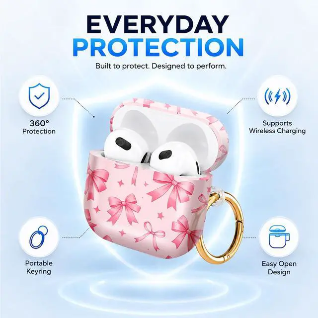 Alt view image 6 of 6 - Hard Case Compatible with AirPod 4 2024, Shockproof Protective Cover for Airpod 4th Generation with Gold Ring Keychain, Cute Aesthetic Design for Women(Pink Ribbons Stars)