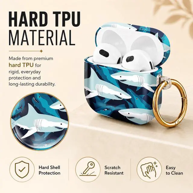Alt view image 2 of 6 - Hard Case Compatible with AirPod 4 2024, Shockproof Protective Cover for Airpod 4th Generation with Gold Ring Keychain, Cute Aesthetic Design for Women(Shark Blue Ocean)
