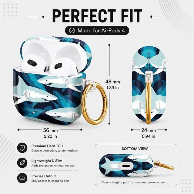 Alt view image 3 of 6 - Hard Case Compatible with AirPod 4 2024, Shockproof Protective Cover for Airpod 4th Generation with Gold Ring Keychain, Cute Aesthetic Design for Women(Shark Blue Ocean)